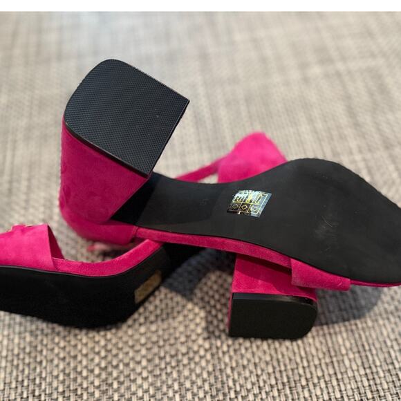 JEFFREY CAMPBELL NWOB Pop-Star-B Block Heel Fuchsia Pink Gold Suede Sandals 10